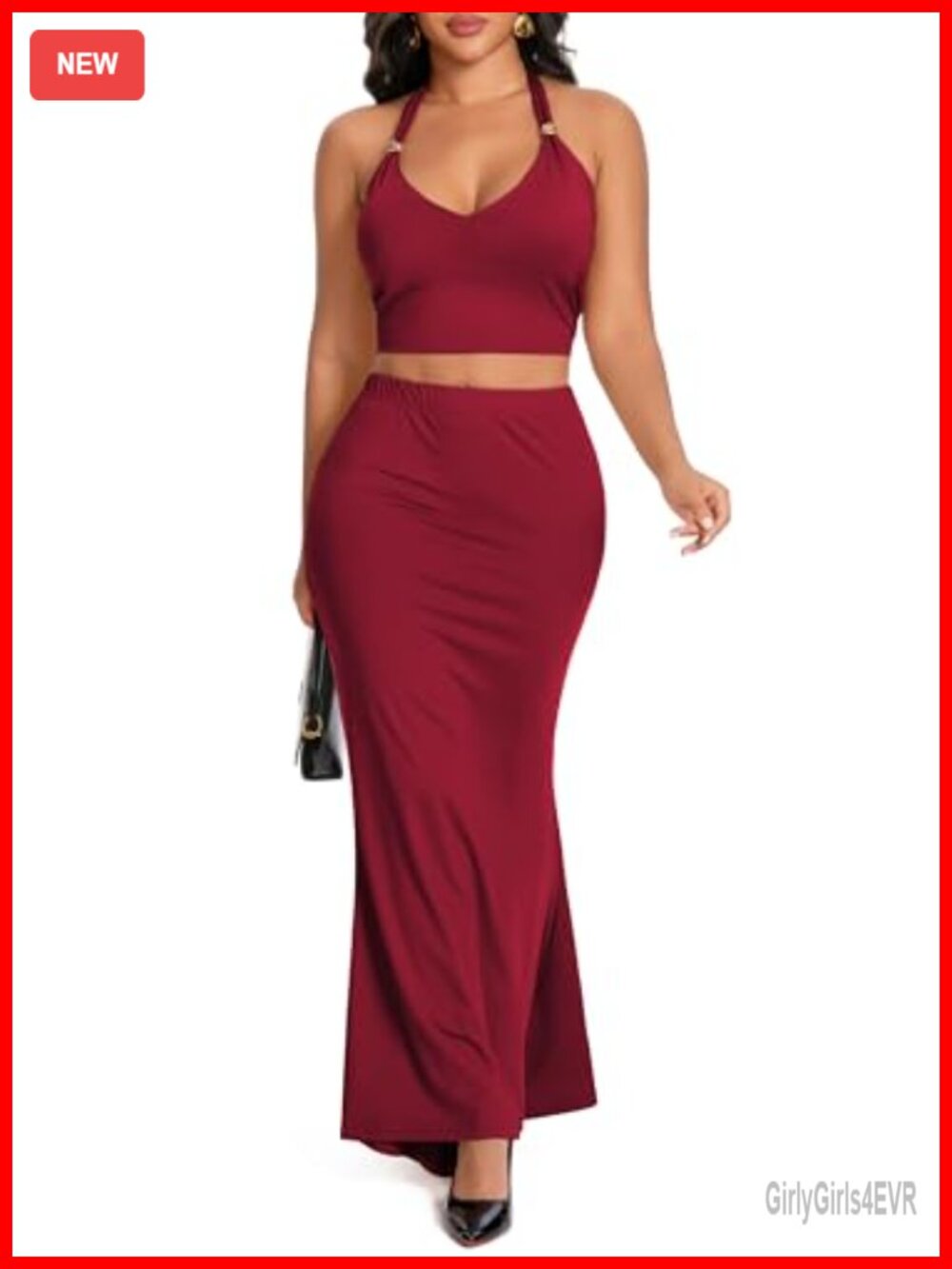 Women's 2 Piece Halter Crop Top & Bodycon Maxi Skirt Set Formal Cocktail
